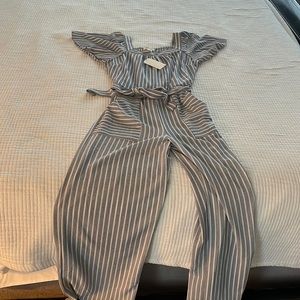 Blue and cream  striped romper with pockets